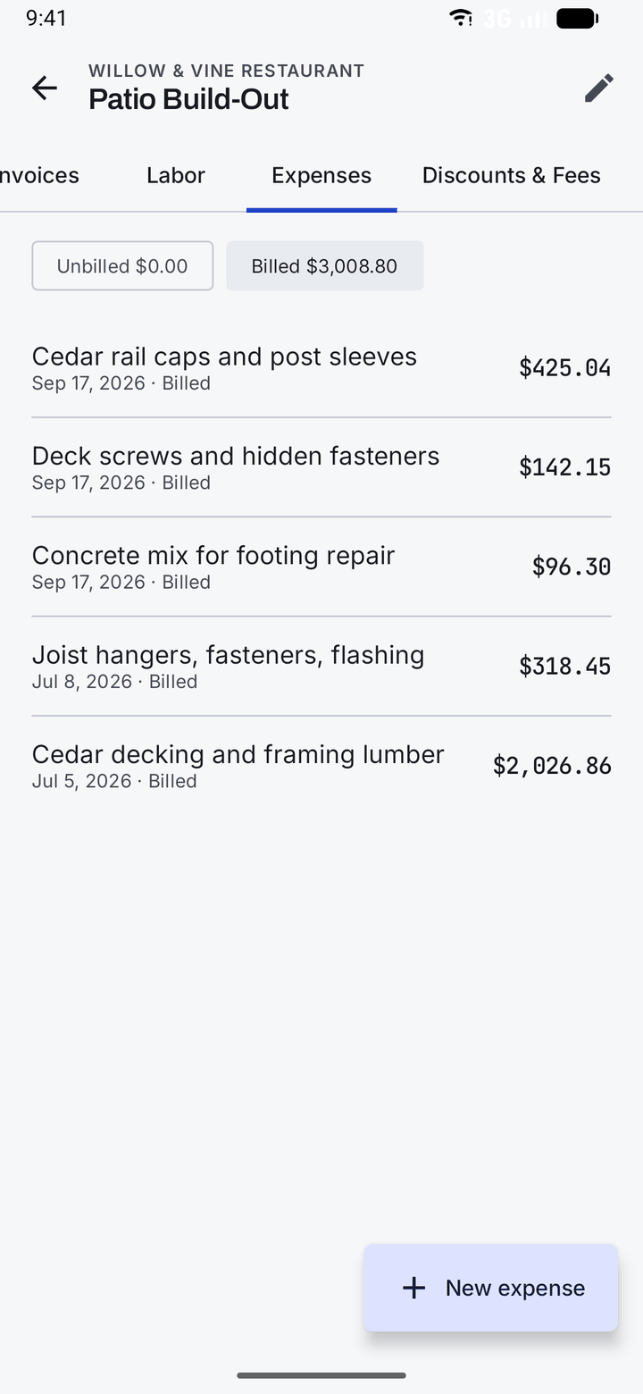 Expenses on the Patio Build-Out job: cedar rail caps, deck screws, concrete mix, joist hangers and cedar decking, each dated and marked billed, totalling $3,008.80.