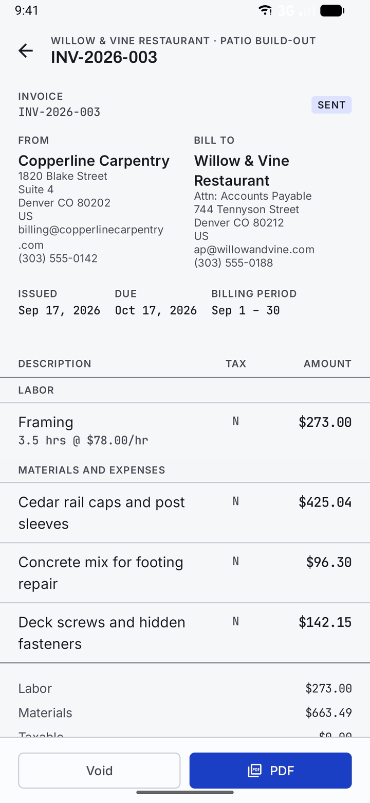 Invoice INV-2026-003 marked Sent, from Copperline Carpentry to Willow & Vine Restaurant, issued 17 September 2026 and due 17 October, listing labor and materials lines.